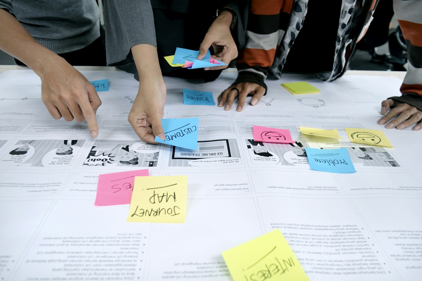 A product team collaborating with sticky notes on a wall